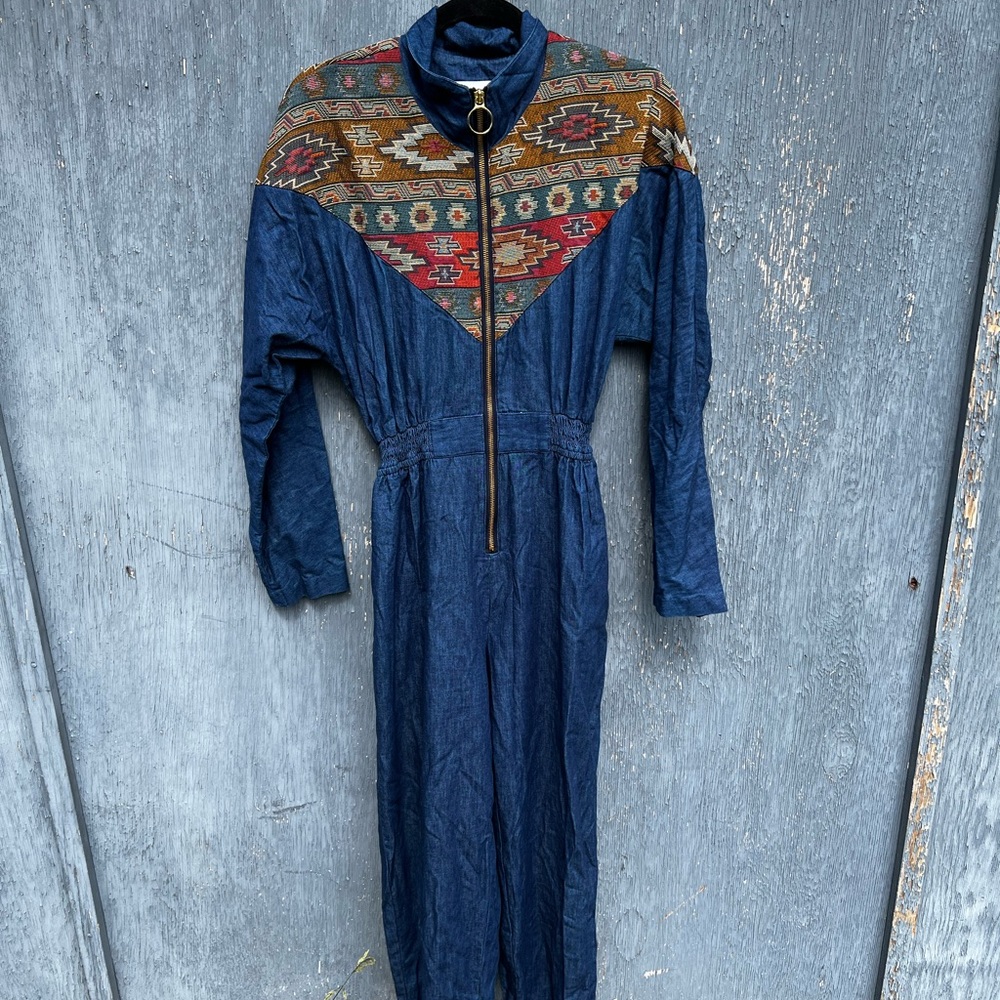 Vintage Denim Jumpsuit with Pattern